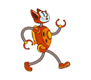 Çizgi film süper robotu ve robot kedi karakteri mekanik bir vücudu, uzuvları ve pençeli elleri olan esnek bir tüp. Vektör oyuncu ai bot teknolojisi kişiliğinin kedi gibi bir yüzü ve şık bir eski spor ayakkabısı var.