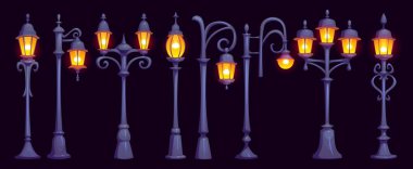 Çizgi film, sokak lambası, sokak lambası direği. Vintage lambalar parlıyor. Metal sütunlu lambalar, birden fazla fener ve zarif estetik, nostaljik şehir aydınlatması.
