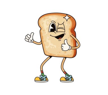 Komik tost ekmeği çizgi film karakteri komik gülüşlü, vektör komik emojili. Nefis bir sandviç ekmek dilimi, mutlu bir yüz, başparmak yukarı ve pastane çizgi film karakteri için aptalca göz kırpma