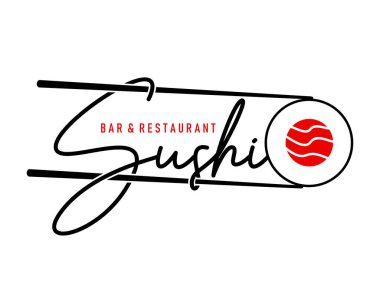 Japon somon balığı restoranı ikonu. Bir suşi barı ve Asya restoran servisi için vektör amblemi, cesur yemek çubukları, modern tipografi ve kırmızı dairesel suşi rulosu, akşam yemeği deneyimini vurguluyor