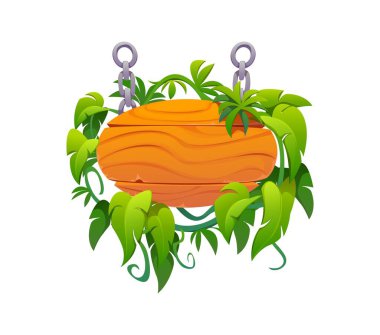 Tropikal orman lianalı tahta tabela. Yemyeşil asma ve yapraklarla bezenmiş, metal zincirlerle asılmış oval çizgi film sembolü. Tahta kalaslardan yapılmış tropikal çerçeve veya sınır