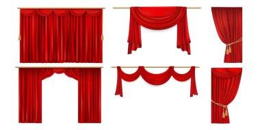 Tiyatro sahnesi kırmızı perdeler. Gerçekçi 3D vektör seti, lüks kapalı, örtülmüş ve altın çubuklar ve püsküllerle bağlanmış. Sahne performansı, sinema, opera ve dramatik sunumlar için kumaş