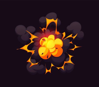 Çizgi film bomba patlama efekti, çizgi roman yangını ve duman bulutu. Vektör çarpıcı patlama. Yanan ateş ve ısı, erimiş turuncu alevler ve dönen karanlık dumanlar, güçlü kaos.