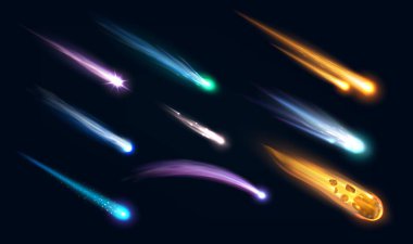 Gerçekçi galaksi uzay göktaşları, kuyruklu yıldızlar ve alev izli asteroitler. 3D vektör düşen ateşli göktaşları, kayan yıldızlar, kozmik ateş topları gece yıldızlı gökyüzünü renkli parlak kuyruklarıyla çizen.