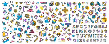 Soyut geometrik memphis şekilleri ve elementler. Vektör çizgisi sanat şekilleri ve modern grafik memphis desenli İngiliz alfabesi yazı tipi. Soyut geometrik şekiller ve özet renk harfleri kümesi
