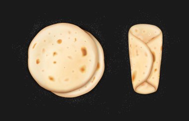 Etrafa un serpiştirilmiş gerçekçi pita ya da tortilla ekmeği. 3 boyutlu yuvarlak ekmek ve sarılı burrito rulosu. Arap gözlemeleri, lavaş, şavurma, hafif kızarmış soslu.