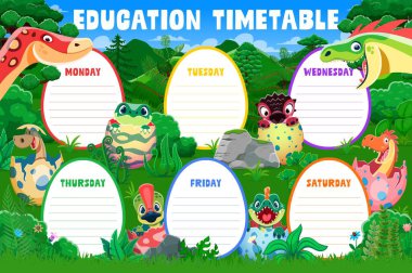 Dinozorlar ve dinazor çocuk karakterleriyle eğitim takvimi, haftalık vektör planlama şablonu. Çocuk ders programı ya da haftalık şablon şablonu dinazor yumurtaları ve komik dinozorlar.