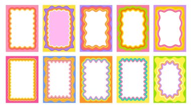 Modaya uygun Y2K renk deniz tarağı dalgalı çerçeveler ve geriye dönük funk kenarlar, vektör boş arkaplanlar. Fotoğraf çerçevelerinin posterleri için parlak renklere sahip dalgalı kenarlı harika psikedelik desenli deniztarağı desenleri