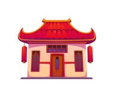 Asya çizgi filmi binası, Çin ya da Çin mahallesi. Kavisli çatısı ve kırmızı asılı CNY fenerleriyle izole edilmiş geleneksel vektör cephesi. Kültürel, mimari, tarihsel dış yapı