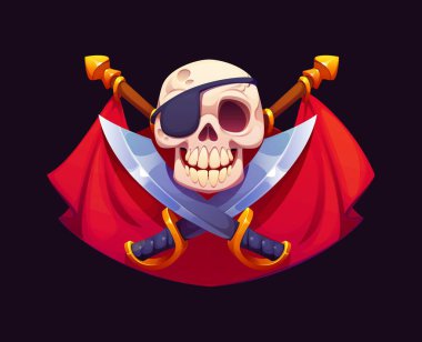 Çapraz kılıçlı ve kırmızı bayraklı Heraldik korsan kafatası. Çizgi film vektör amblemi sırıtan neşeli Roger kafatası bir göz bandı ve çapraz kılıçlar tehlike ve açık deniz macerası temaları çağrıştırır