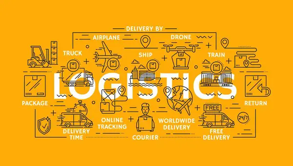 Kargo taşıma hizmetinin lojistik simgeleri, nakliye, teslimat ve depo. Araç, uçak, gemi, tren ve insansız hava aracı da dahil olmak üzere ulaşım yöntemlerinin vektör doğrusal işaretleri. Paket izleme ve kurye