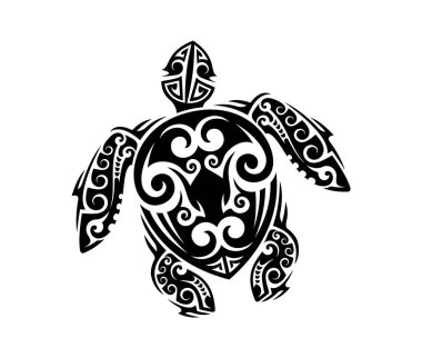 Maori kabilesi kaplumbağa sürüngen hayvan dövmesi. Geleneksel girdap şekilleri ve siyah mürekkeple dolu. İzole vektör kaplumbağa şekli kültürel ve okyanussal anlamdaki uzun yaşam ve bilgeliği yansıtır.