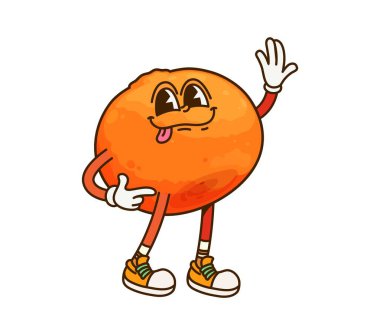 Kutlama partisinde çizgi film süper portakallı meyve karakteri. İzole vektör narenciye mandarin kişiliği neşeli gülümsemesi ve büyük anlamlı gözleriyle el sallıyor, neşeli enerji yayıyor ve şenlik eğlencesi yayıyor.