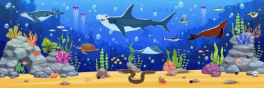 Su altı manzarası, çekiç başlı köpekbalığı, fok balığı, kaplumbağa deniz hayvanı ve mercan ve yosun arasında balık sürüsü olan karikatür oyunu. Karikatür vektör okyanus tabanı çeşitli deniz yaşamı ve kayalarla