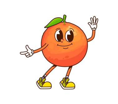 Çizgi film komik tropikal portakal meyvesi karakteri. İzole vektör tropikal mandalina turunçgil meyveli kişi mutlu ve neşeli yüz ifadesi ile, hippi titreşimli parlayan parmak tabancası hareketi