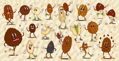 Çizgi film fındık ve tohum karakterleri, taşıyıcı sağlıklı yiyecekler. Komik hippi fıstıkları, ceviz ve çam fıstığı taşıyıcıları tohumlarla oynuyorlar. Harika badem, ceviz, fındık ve fıstık karakterleri.