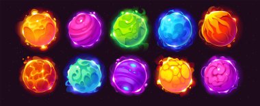 Galaksi oyun varlıkları için parlayan uzaylı gezegenleri, vektör fantastik gezegenler. Uzaylı uzay dünyaları ya da lav veya buz kraterleriyle parlayan gezegenler ve kozmik galaksi oyunu için yıldızlı gökyüzünde ateş.