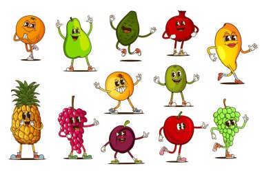 Komik suratlı, çizgi film modası geçmiş meyve karakterleri, vektör emoji kişilikleri. Ananaslı, tropikal mangolu, avokado ve elma aromalı ve meyve karakterleri için aptal gülüşlü harika bir portakal.