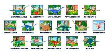 Tarih öncesi dinozorlar ve türlerine isim veren Jurassic kertenkeleler, çocuklar için vektör koleksiyonu. Ormandaki tarih öncesi dinozorlar, Mezozoik, Kretase ve Triyas dönemi dev sürüngenler ve kertenkeleler.