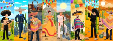 Karikatür Meksika karakterleri kolajı Latin kültürünü geleneksel mariachi müzisyenleri, charros, folklor dansçıları, tekila yapımcısı karakterleri ve çöl arka planında festival dekorasyonlarıyla sergiliyor.