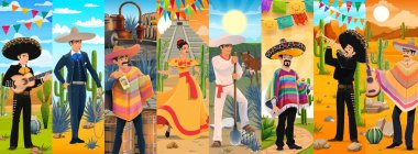 Karikatür Meksika karakterleri kolajı Latin kültürünü geleneksel mariachi müzisyenleri, charros, folklor dansçıları, tekila yapımcısı karakterleri ve çöl arka planında festival dekorasyonlarıyla sergiliyor.