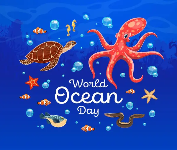Dünya Okyanuslar Günü afişi, su altı balıkları, hayvanlar, vektör deniz doğası. Deniz doğası ve mercan resifleri için Dünya Okyanusları Günü pankartı.