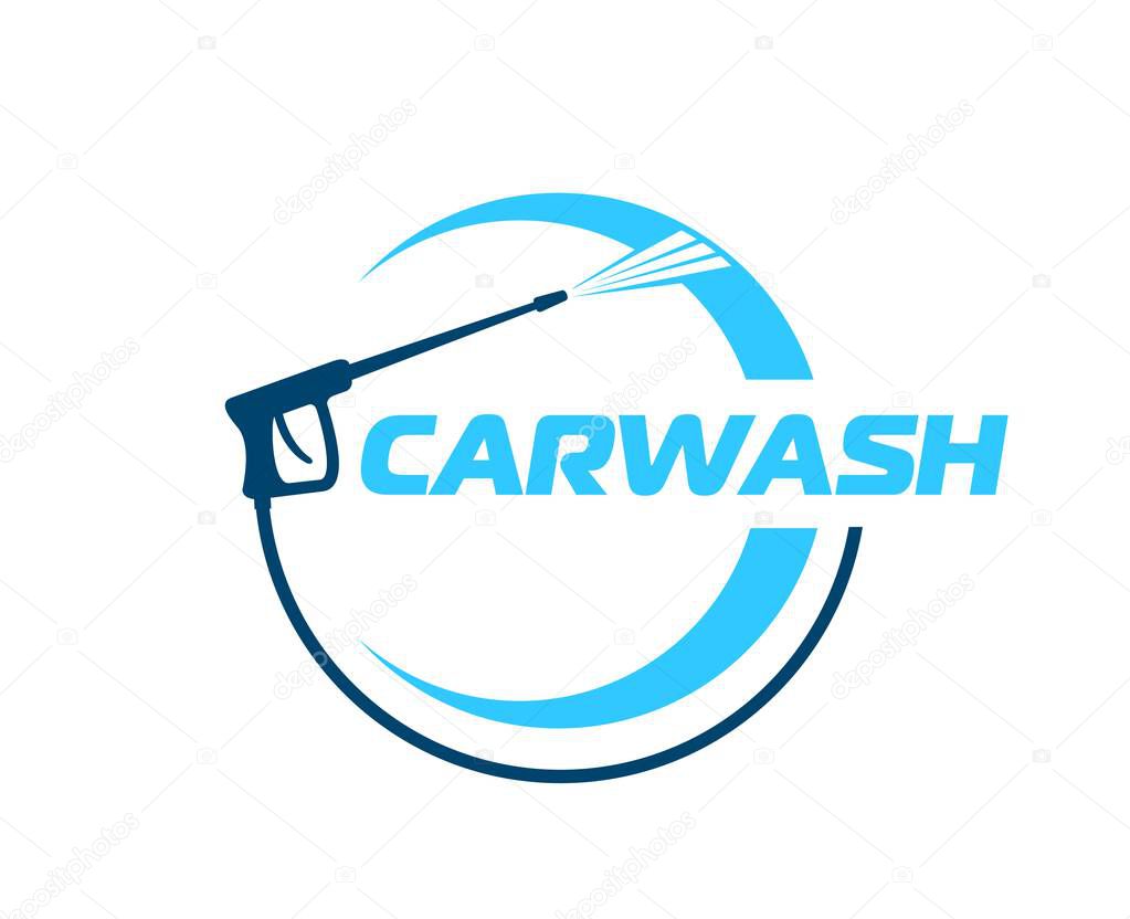 Car washing service icon of pressure washer gun with spray in splash bubble, vector symbol. Car wash service emblem for automobile and vehicles cleaning garage with high pressure wash gun sign