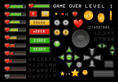 8bit piksel resim oyunu arayüzü düğmeleri, bar yükleme, derecelendirme ve sağlık simgeleri varlığı. Vektör ui yön kontrolleri, madeni paralar, kalpler, yıldızlar, göstergeler. Pikselleştirilmiş klasik video oyunu arayüzü