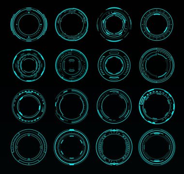 HUD arayüzünü çevir. Ses hacmi yuvarlak düğme anahtarı, yuvarlak neon çerçeveler ya da kenarlar. Bilimkurgu UI geleceği parlak dairelerin vektör kümesi, bilgisayar oyunu veya uygulama menüsü paneli için düğmeler, tekno HUD biçimi