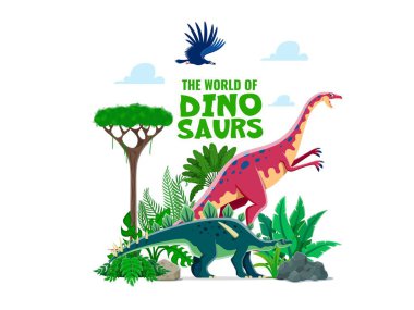 Tarih öncesi dinozorlar pankartı. Canlı ve neşeli dinazor dünya hikaye kitabı ya da renkli tipografi, taşlar, eğrelti otları ve ağaçlarla bembeyaz yeşillik alanındaki çizgi film sürüngenleriyle kaplı atlas.