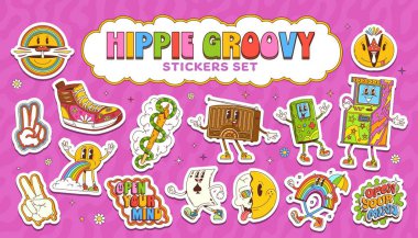 Çizgi film karakterlerinin çıkartmaları. Hippi esinlenilmiş gülen yüz, barış işareti, spor ayakkabısı, antika elektronik, gökkuşağı ve retro estetik uçuk tipografi içeren vektör saykolik yamalar