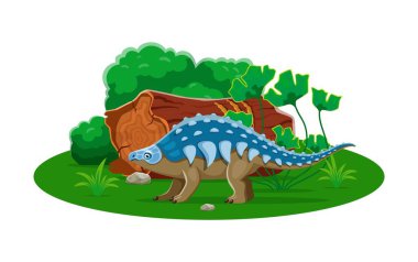 Panoplosaurus tarih öncesi dinozor karakteri. İzole edilmiş karton vektör mavi ve kahverengi zırhlı otobur dinozor kertenkelesi, bir kütüğün yanında duruyor ve tarih öncesi doğa manzarasında bitkiler