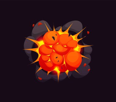 Çizgi film patlama bulutu, bomba patlama etkisi, çizgi roman ateşi ve duman. Siyah duman bulutlarıyla çevrili vektör dinamik atom savaşı çarpışması. Canlı turuncu ve sarı ateş patlaması, dinamit saldırısı