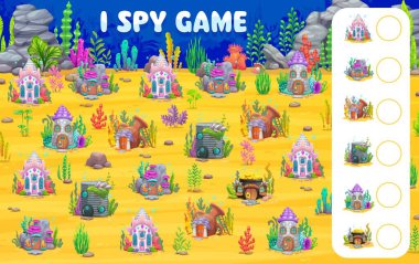 Peri masalı deniz altı binaları, vektör çocuklar bulmaca sınavı olan oyun kağıtları görüyorum. Deniz kabuğundaki, antik vazodaki ya da fıçıdaki aynı karikatür denizaltı evlerini bulup eşleştirmek için casusluk oyunu oynuyorum.