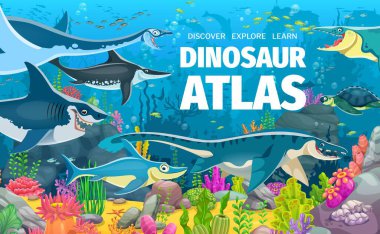 Tarih öncesi sualtı dinozor sürüngen karakterleri atlas kitabı kapağı, vektör arkaplan için. Çocuk ansiklopedisi ya da paleontoloji kitabı kapağında tarih öncesi su dinozorları ya da sualtı sürüngenleri var.