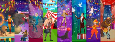 Çizgi film göstericileri karakterler ve hayvanlar, palyaçolar ve akrobatlar, vektör kolajı. Sirk ve lunapark sanatçıları, ateş çemberindeki evcil aslan, maymun hokkabazlığı ve güçlü adamla illüzyonist