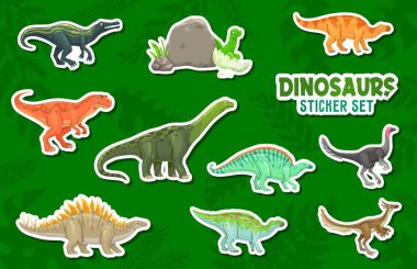 Tarih öncesi dinozor karakterlerinin çıkartmaları. Soyu tükenmiş sukhomimus, alectrosaurus, hipselosaurus ve ouranosaurus, arkeornithomimus, arkeozor dinazor karikatür şahsiyetleri çıkartmaları.