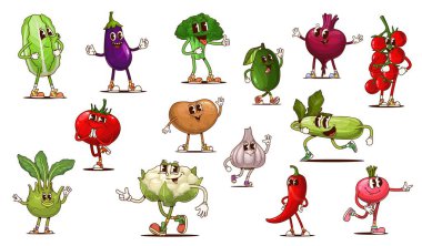 Aptal suratlı, komik gülüşlü, eski çizgi filmlerdeki harika sebze karakterleri, vektör kişilikleri. Ürkütücü ve uçuk harika sebzeler, kabaklı, karnabaharatlı, domatesli ve patlıcanlı brokoli.