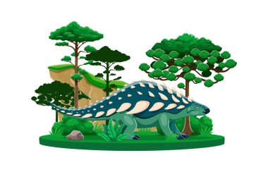 Dinozor, karikatür Nodosaurus türünün tarih öncesi kertenkelesi, vektör dino hayvan. Paleontoloji atlası için orman ormanlarında dikenli dikenleri olan Kretase çağının nodosaurus dinozoru veya sürüngen kertenkelesi.