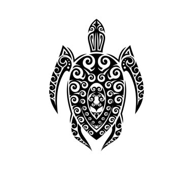 Maori kabile süsü veya Polinezya veya Hawaii desenli vektör sanat tasarımı şeklinde kaplumbağa dövmesi. Deniz kaplumbağasının soyut kabile dövmesi. Kelt ya da Maori kabile dizaynında keskin çizgileri var.
