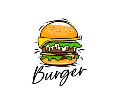 Fast food ızgarası için hamburger ikonu, barbekü restoranı tabelası, vektör karikatür çizburger. Hamburger barı ya da fast food menüsü ve barbekü büfesi için peynirli, marullu ve lezzetli soslu hamburger.