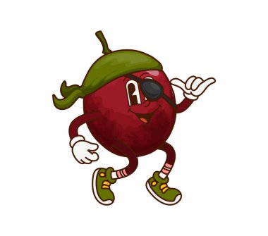 Korsan haydut tutkusu meyveli harika komik karakter. Korsan haydut olgun egzotik meyve retro harika sevimli karakter, korsair denizci taze tropikal marakuya çizgi film vektör maskotu bandana ve göz bandı