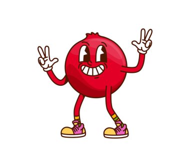 Neşeli yüzlü harika kızılcık karakteri, vektör retro çizgi film emojisi. Modaya uygun yabanmersini, dehşet verici barış işareti jesti ve retro çizgi film karakteri için neşeli bir gülümseme.