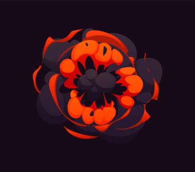 Çizgi film bomba patlama efekti, çizgi roman yangını ve duman bulutu. Vektör patlama patlaması, parlak kırmızı alev çekirdekleri ve kalın, kıvrımlı duman, çizgi roman yıkımına benzeyen