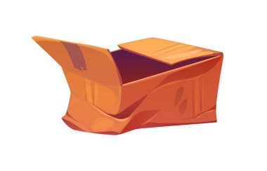 Zarar görmüş ve karton kutu karikatürü yırtılmış. Buruşmuş kağıt konteynır, ıslanmış izole edilmiş kargo kutusu. Hasarlı teslimat paketi karikatürü ya da yırtık nakliye paketi