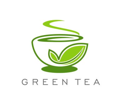 Organik bitkisel yeşil çay dükkanı ikonu. Bitkisel içecek şirketi soyut vektör amblemi, restoran sıcak içecek menüsü işareti. Yeşil yapraklı, fincanlı ve buharlı yeşil çay markası veya ambar sembolü