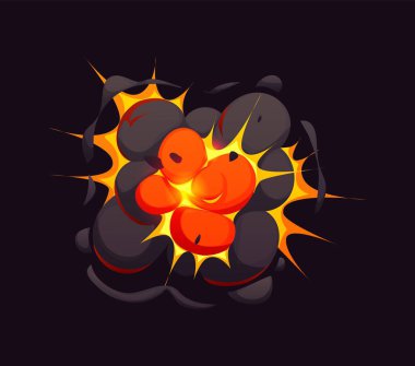 Çizgi film bomba patlama efekti, çizgi roman yangını ve duman bulutu. Vektör patlaması, yüksek enerji patlaması kızgın közler ve her yöne doğru genişleyen kara bulutlar, dinamik çarpışma.