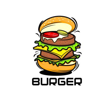 Fast food çizburger ya da ızgara ve barbekü restoranı için hamburger ikonu, vektör amblemi. Peynirli, marullu ve soslu büyük duble çizburger. Hamburger barı ya da fast food menü tabelası için susamlı çörek.