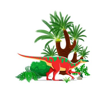 Dinozor ya da tarih öncesi kertenkele ve ormandaki karikatür dinozor hayvan, vektör karakter. Tarih öncesi Kretase çağının Anatotitan ya da Anatosaurus dinozoru ve paleontoloji atlası çocuklar için hadrosaurid türü