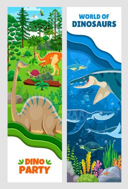 Kağıt, komik tarih öncesi dinozorlarla pankart kesiyor. Paleontoloji arazisi ve okyanus dinozorları probactrosaurus, diplodocus, karbonemys ve ophthalmosaurus, mosasaurus, liopleurodon içeren vektör bayrakları
